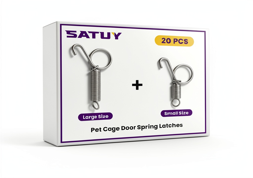'SATUY spring latch hook installed on a pet cage door'