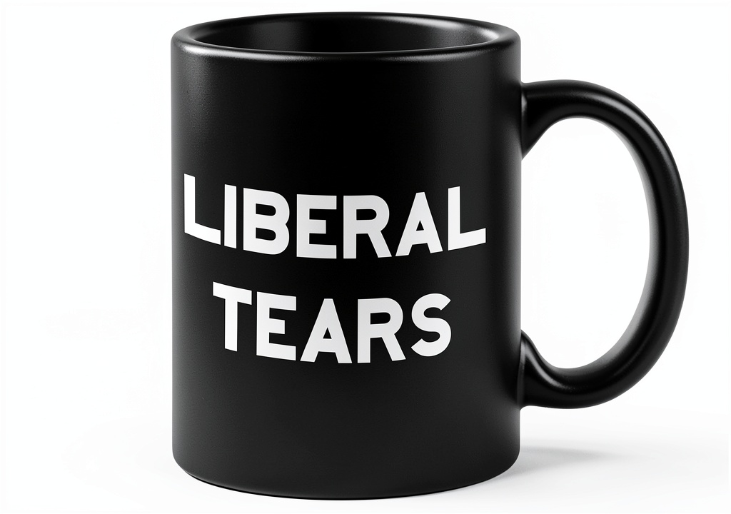 Liberal Tears Mug on a kitchen counter with coffee