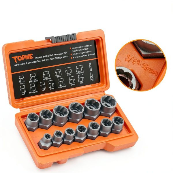 Bolt Extractor Kit,14 Piece Impact-Grade CR-MO Steel Nut Remover Set, 3/8" Drive Socket for Removing Frozen/Rusted/Rounded Bolts & Lug Nuts (Sizes 8-19mm),Automotive & Machinery Repair-5