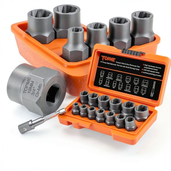Bolt Extractor Kit,14 Piece Impact-Grade CR-MO Steel Nut Remover Set, 3/8" Drive Socket for Removing Frozen/Rusted/Rounded Bolts & Lug Nuts (Sizes 8-19mm),Automotive & Machinery Repair-4