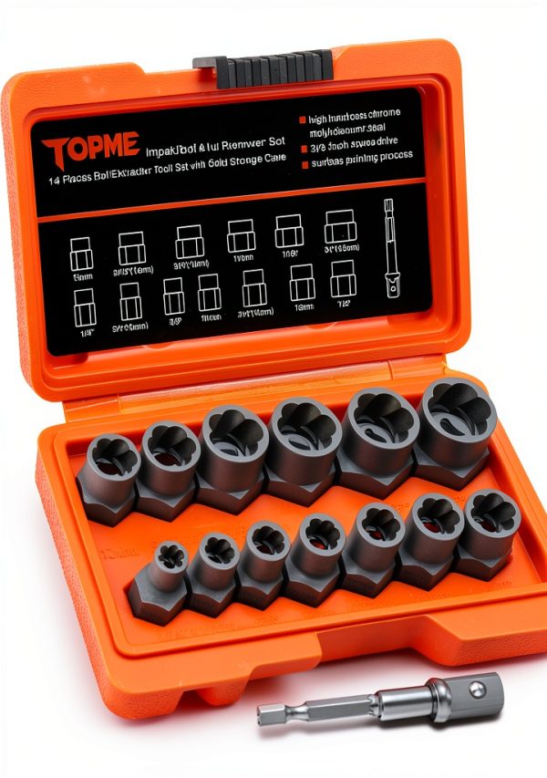 Bolt Extractor Kit,14 Piece Impact-Grade CR-MO Steel Nut Remover Set, 3/8" Drive Socket for Removing Frozen/Rusted/Rounded Bolts & Lug Nuts (Sizes 8-19mm),Automotive & Machinery Repair-0